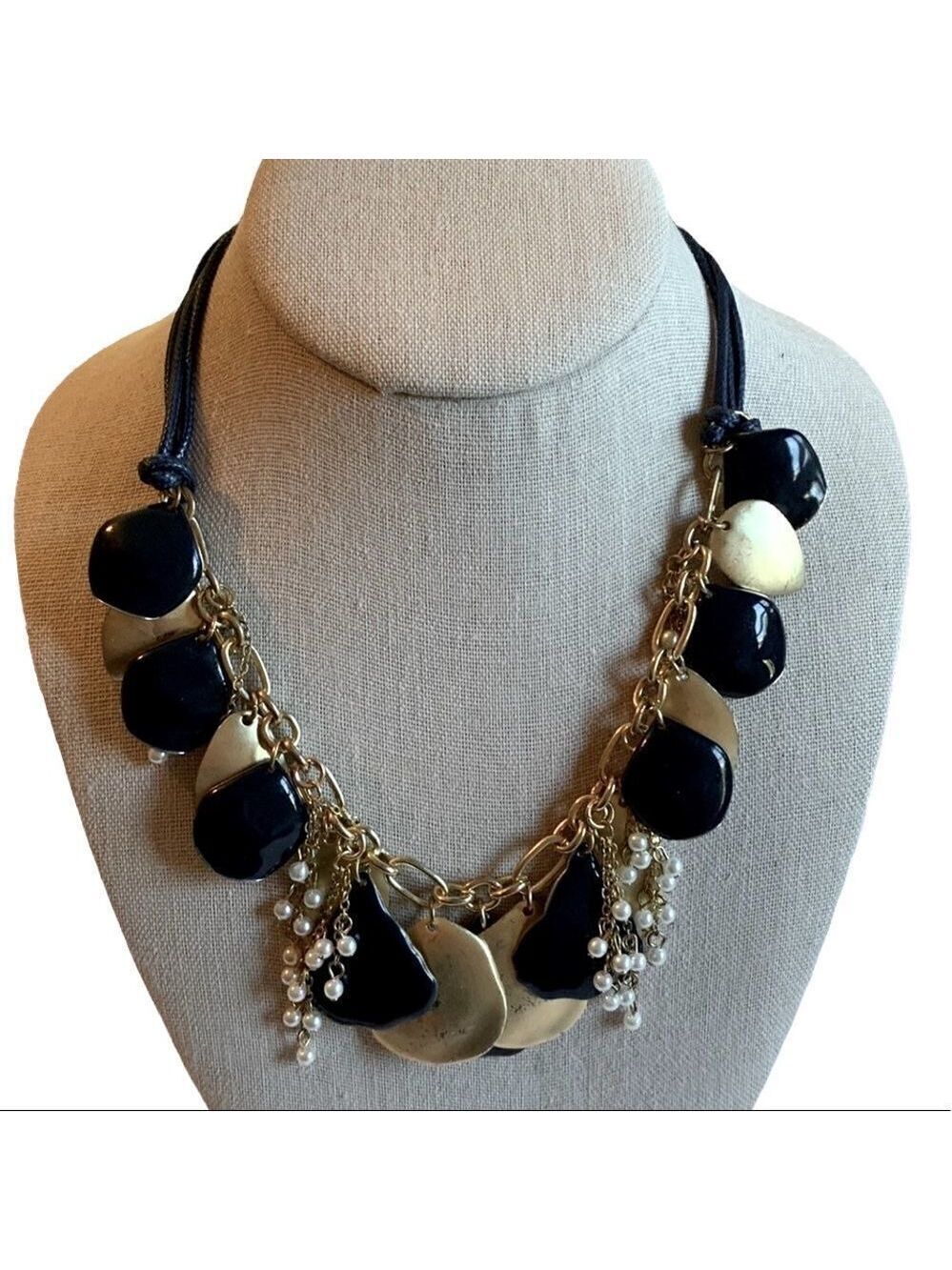 Bella Jack Gold and Navy Enamel Choker Statement Necklace with Pearls